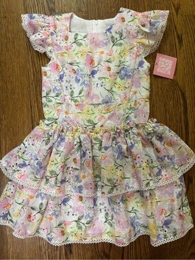 Rare Editions Girls White Floral Layered Dress with Pink, Purple, Yellow & Green